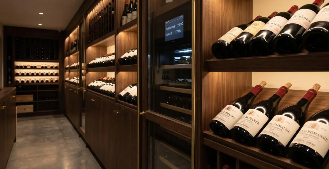 Cave climatisée moderne avec rangées de grands crus de Bordeaux et Bourgogne sur clayettes en bois sombre, éclairage LED indirect, écran de contrôle affichant 12°C et 70% d'humidité