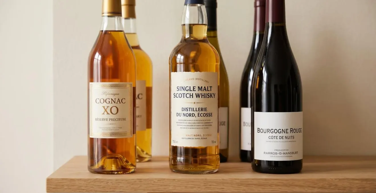 Étagère de cave premium en bois clair présentant une sélection de bouteilles d'exception : cognac XO, whisky single malt et grand cru de Bourgogne, éclairés par une lumière naturelle douce