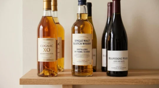 Étagère de cave premium en bois clair présentant une sélection de bouteilles d'exception : cognac XO, whisky single malt et grand cru de Bourgogne, éclairés par une lumière naturelle douce