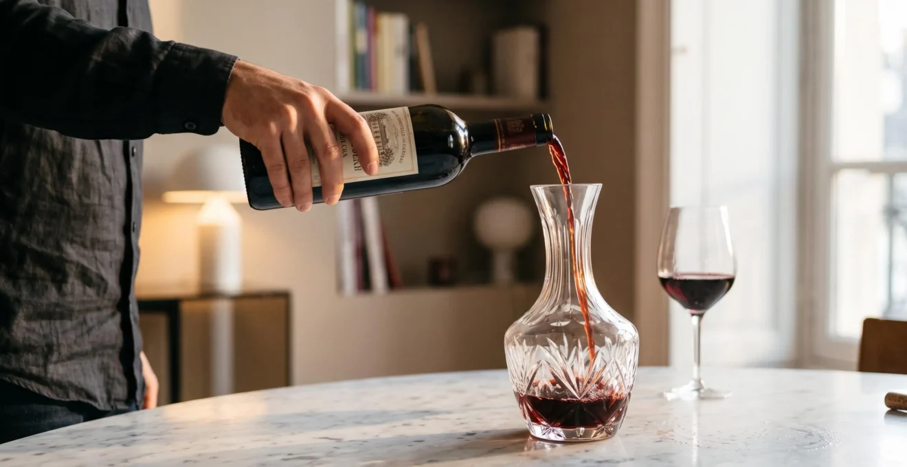 Main versant un grand vin rouge de Bordeaux dans une carafe en cristal sur table en marbre blanc, lumière dorée traversant le liquide rubis en mouvement