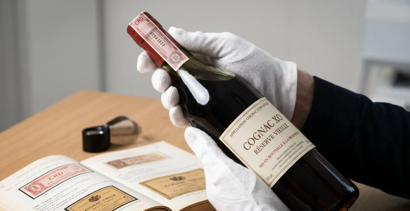 Mains gantées d'un professionnel examinant une bouteille de cognac XO, focus sur la capsule CRD rouge et l'étiquette AOC Cognac clairement visible