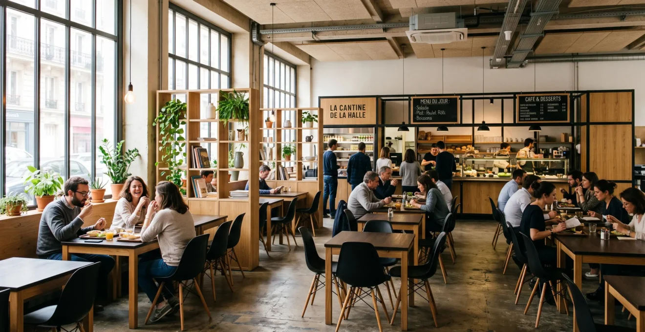 Une cafétéria aménagée avec du mobilier structurant les zones, sans travaux.