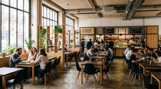 Une cafétéria aménagée avec du mobilier structurant les zones, sans travaux.