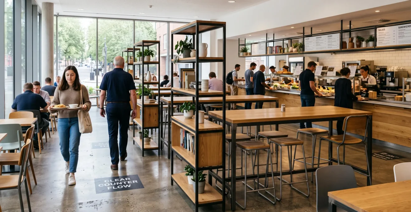 Des tables hautes et des étagères délimitent les zones d'une cafétéria sans cloison fixe.
