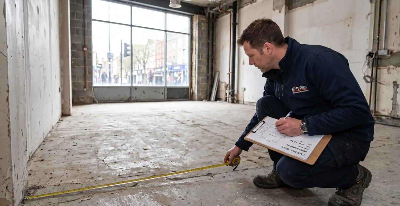 Un professionnel mesure et inspecte un local vide avant son aménagement.