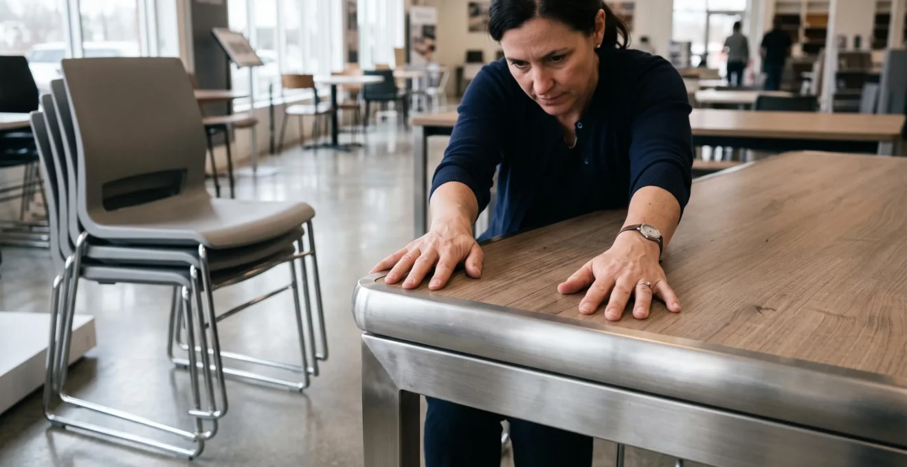 Une main teste la solidité d'une table de restauration collective.